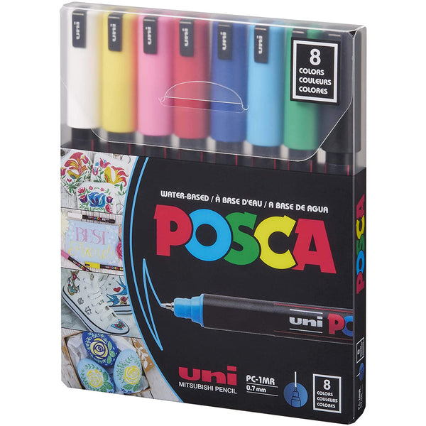 POSCA Paint Marker Set 8-Color PC-1MR Extra-Fine Basic Set - black, white, red, yellow, blue, light blue, green and pink
