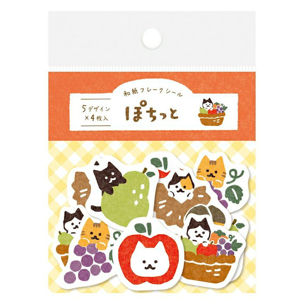 Furukawashiko Fruit Cat Washi Flake Sticker, made from Japanese Paper. A flake sticker made of Japanese paper that is popular for its cute animal gestures.