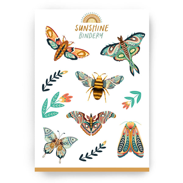 Our quirky range of folk art inspired illustrated butterflies, moths and bees in sticker sheet form, with easy peel stickers that are perfect for adding to notebooks and bullet journal spreads