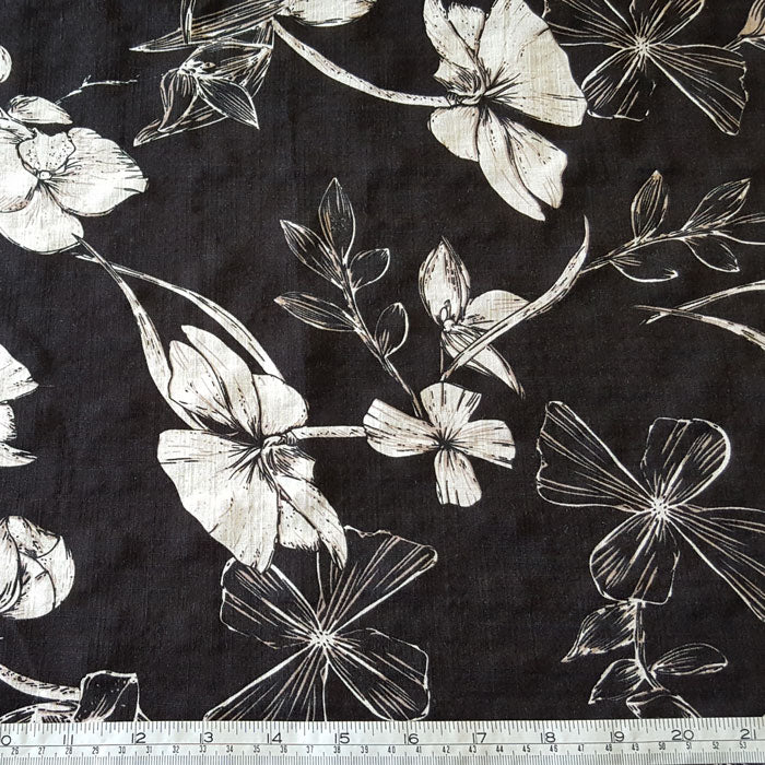 Viscose/Cotton Blend White Floral on Black Background