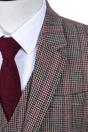 Brown Red Houndstooth Plaid Tweed  3 Piece Suit