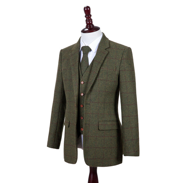 Olive Green Windowpane Tweed 3 Piece Suit – Empire Outlet