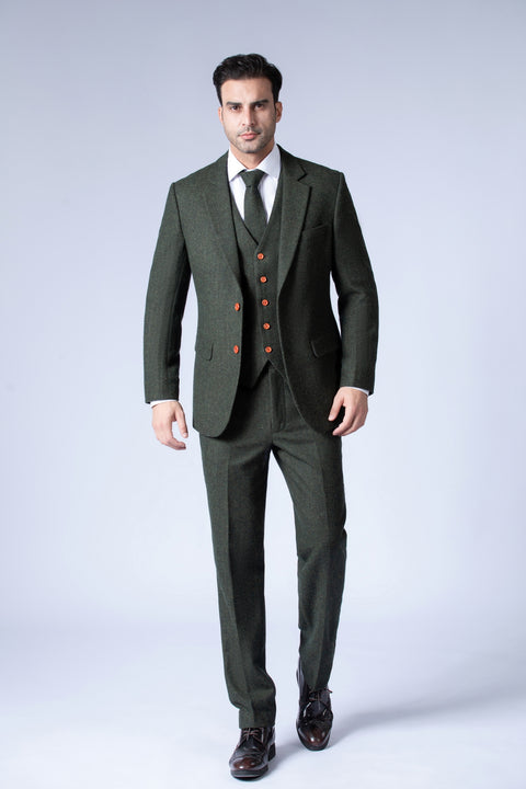 green herringbone suit