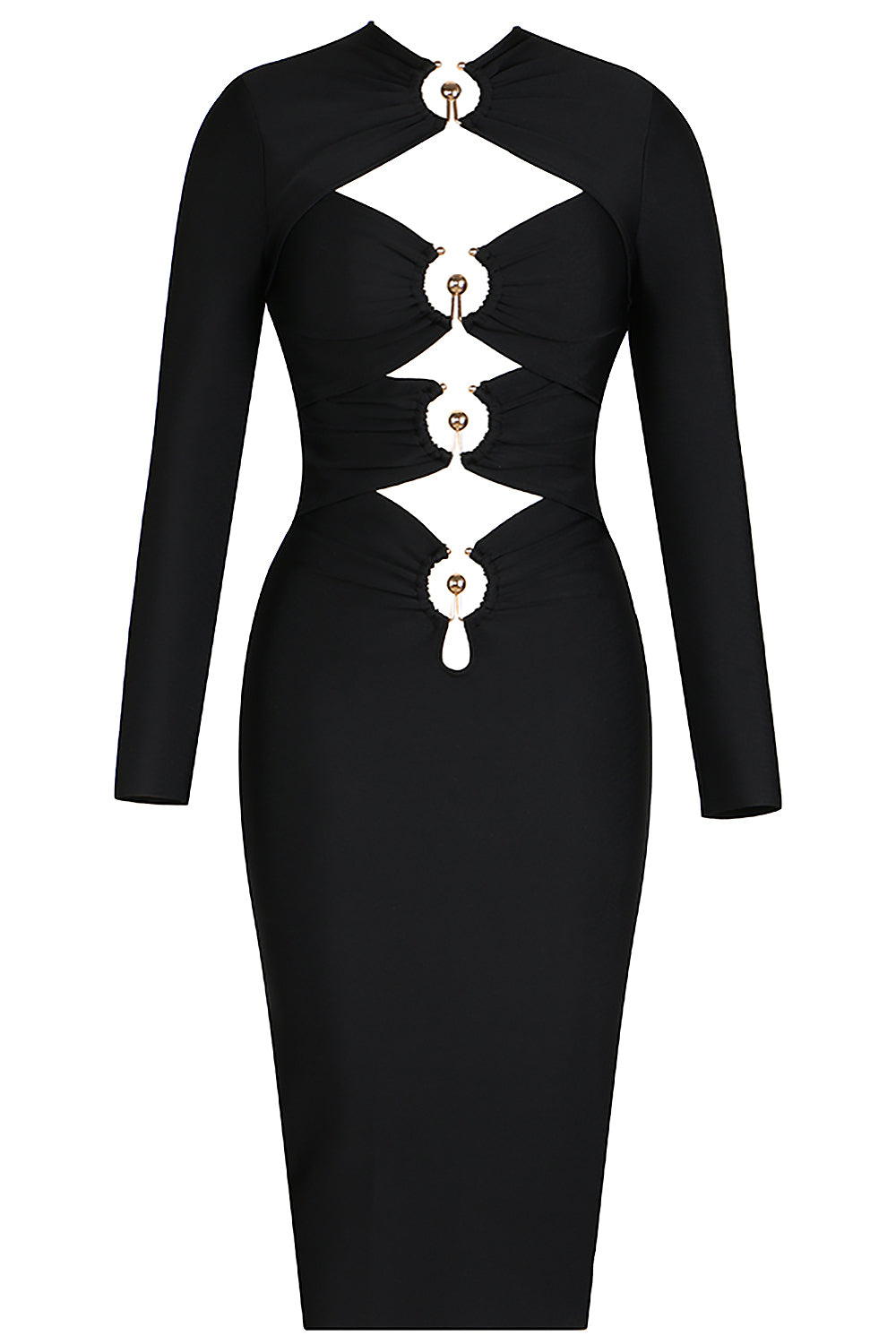 Claudine Midi Dress - Bodycon Long Sleeve Contrast Stitch Dress in Black