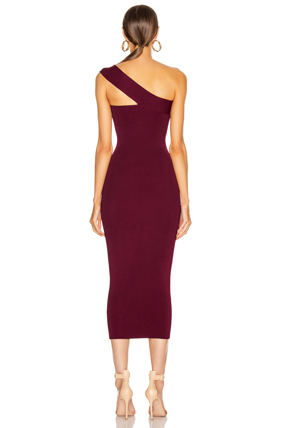 Burgundy One-Shoulder Midi Bandage Dress – Chicida