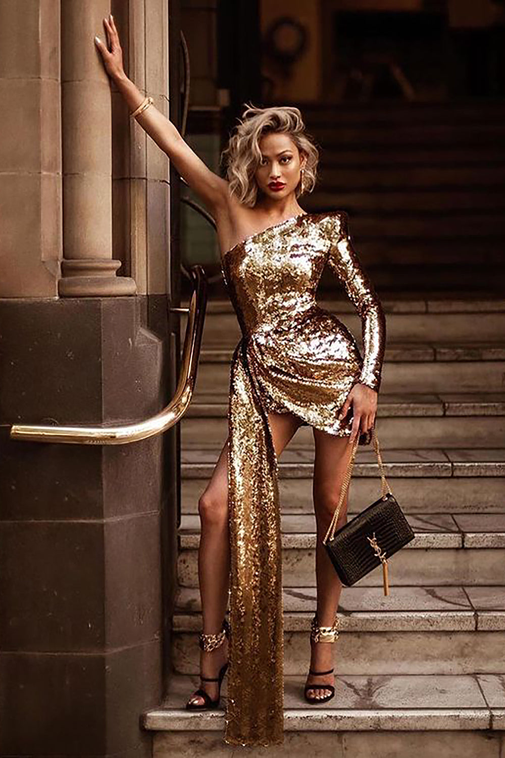 Strappy Sequin Swing Dress In Gold, AWAMA