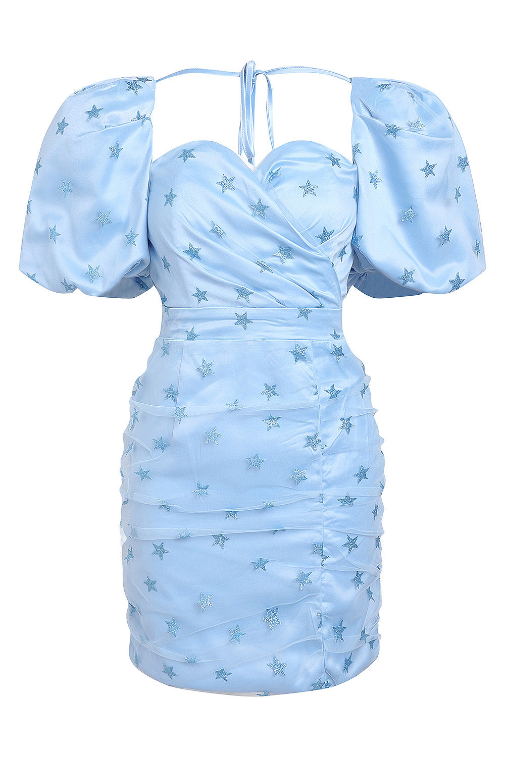 Sky-Blue Backless Puff-Sleeve Midi Dress - ELAGIA