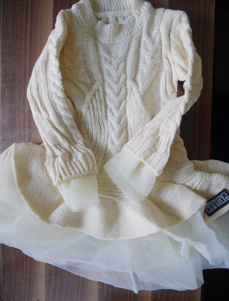 Girls Knit Sweater Dress (CREAM) Tulle Lace TUTU Princess Pullover