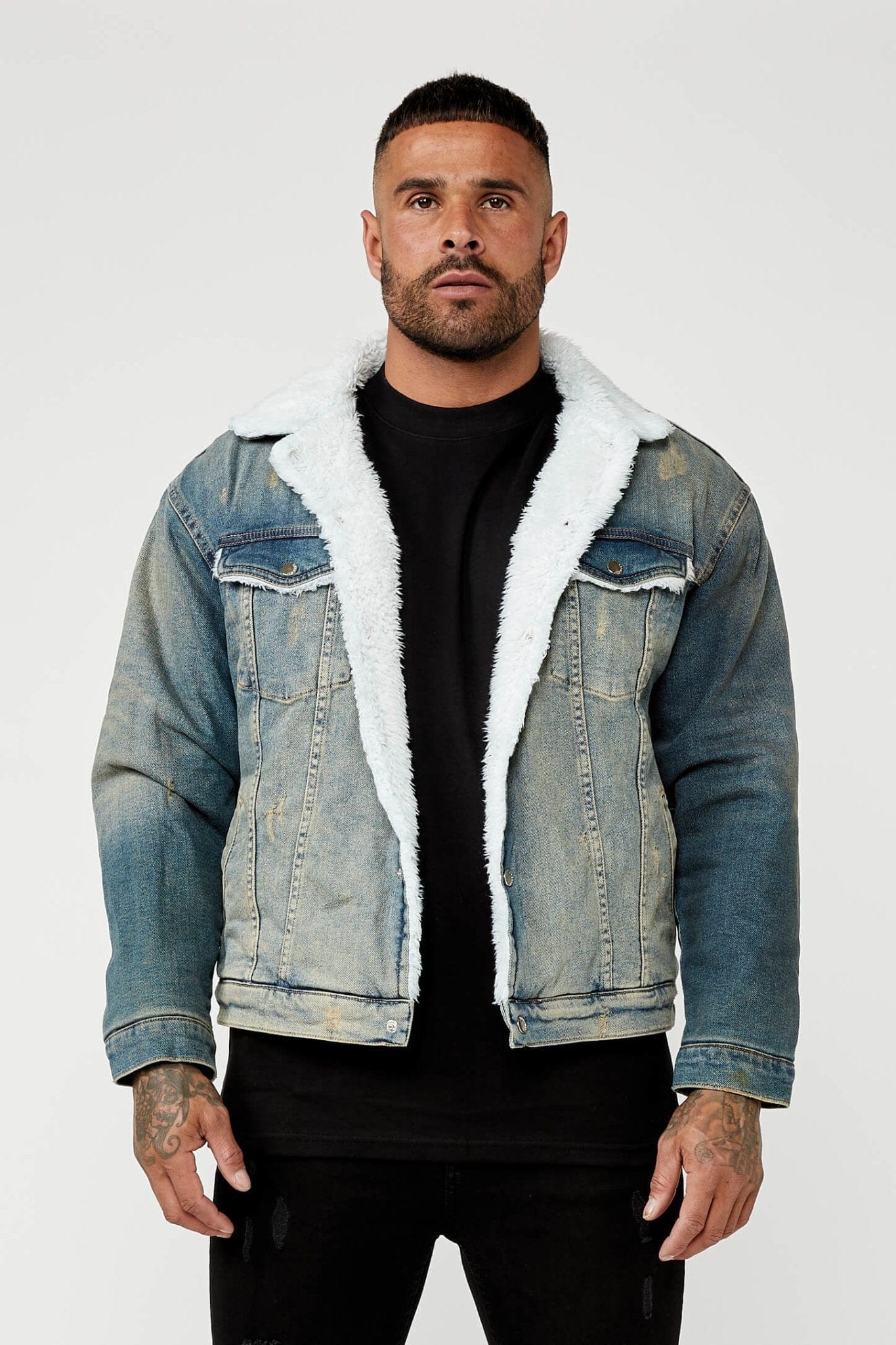 STONE WASHED DENIM JACKET - FAUX FUR LINED