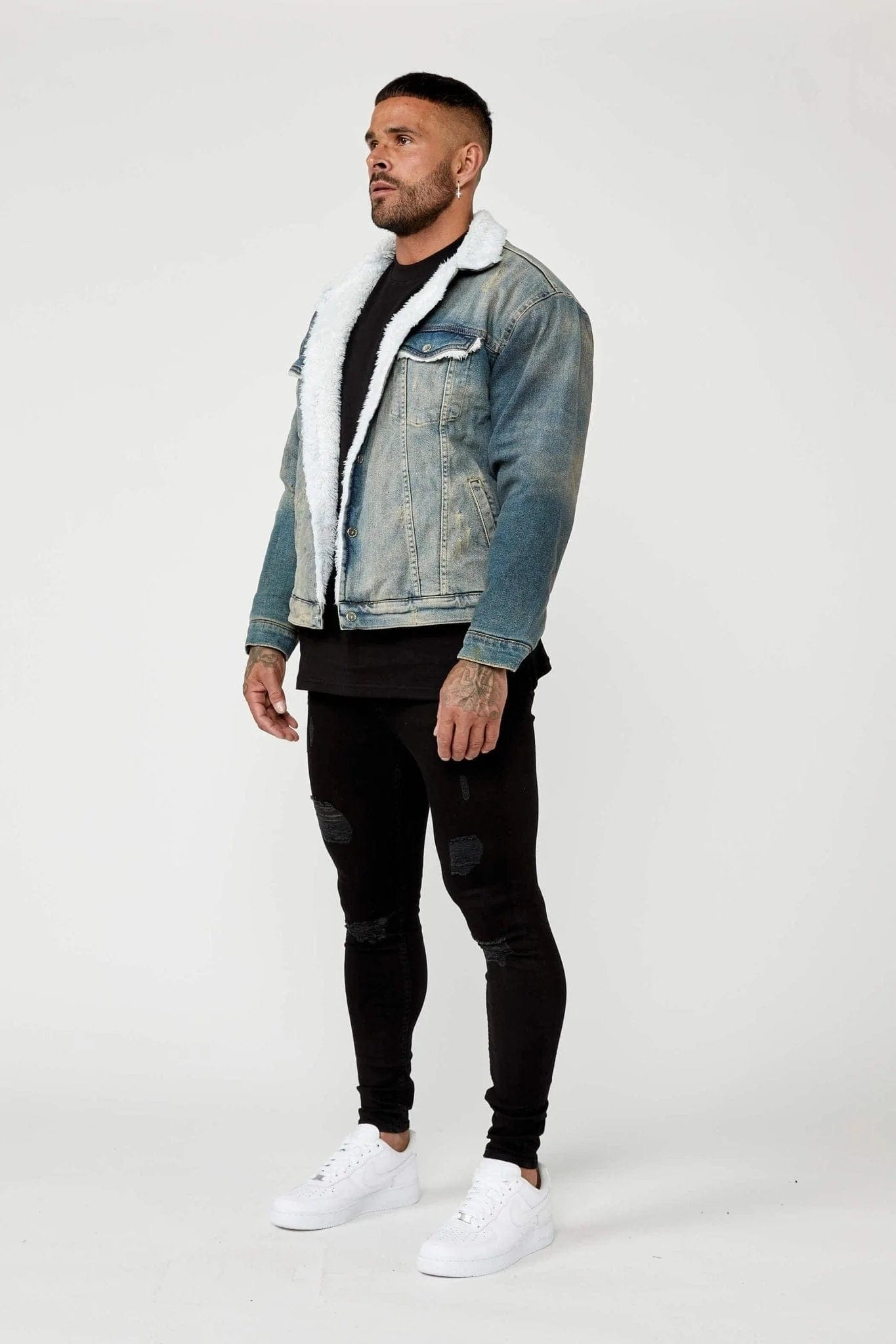 STONE WASHED DENIM JACKET - FAUX FUR LINED