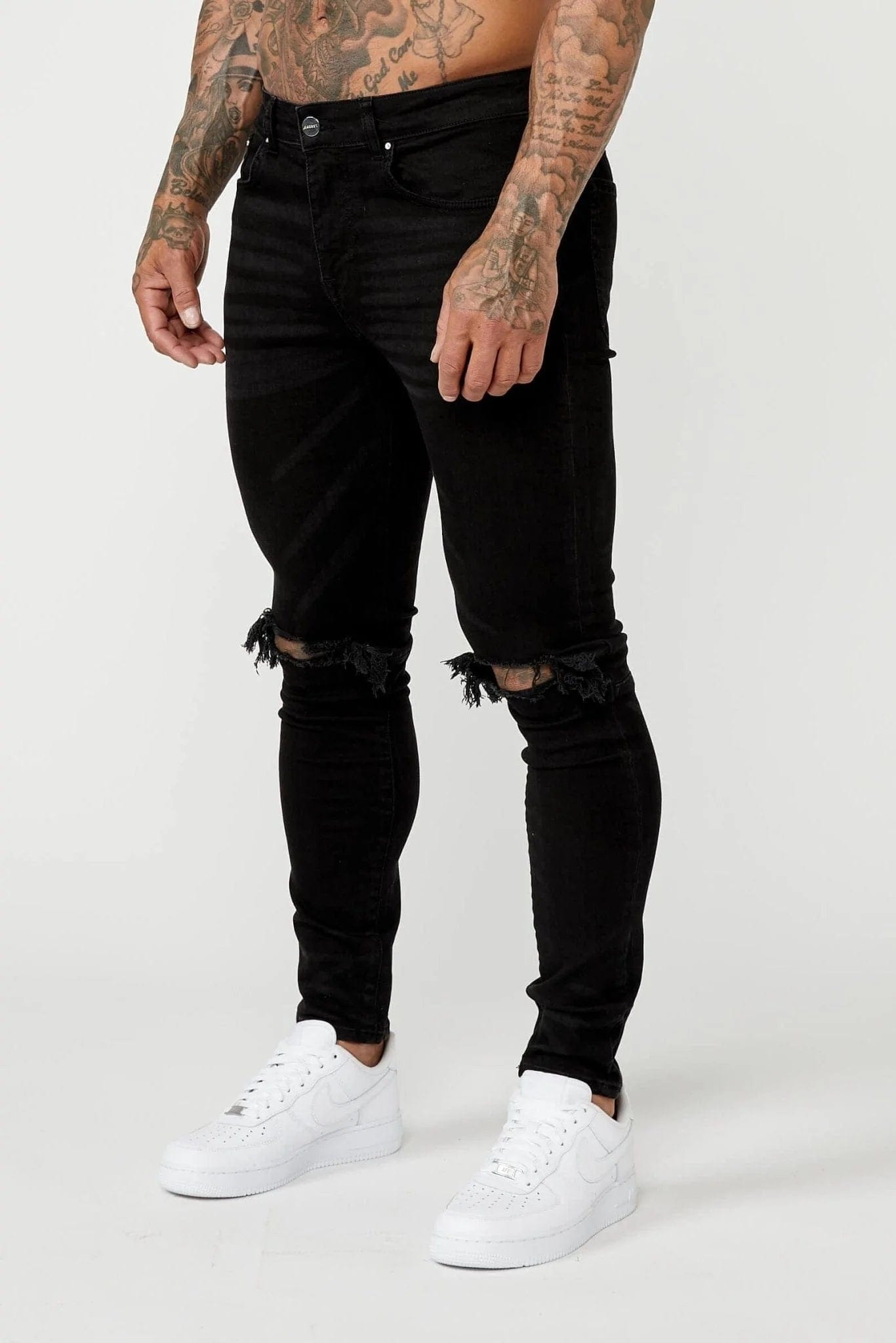 PREMIUM SKINNY FIT JEANS - BLACK DESTROYED KNEE