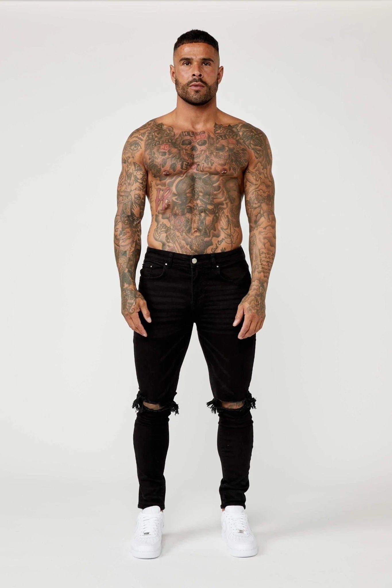 PREMIUM SKINNY FIT JEANS - BLACK DESTROYED KNEE