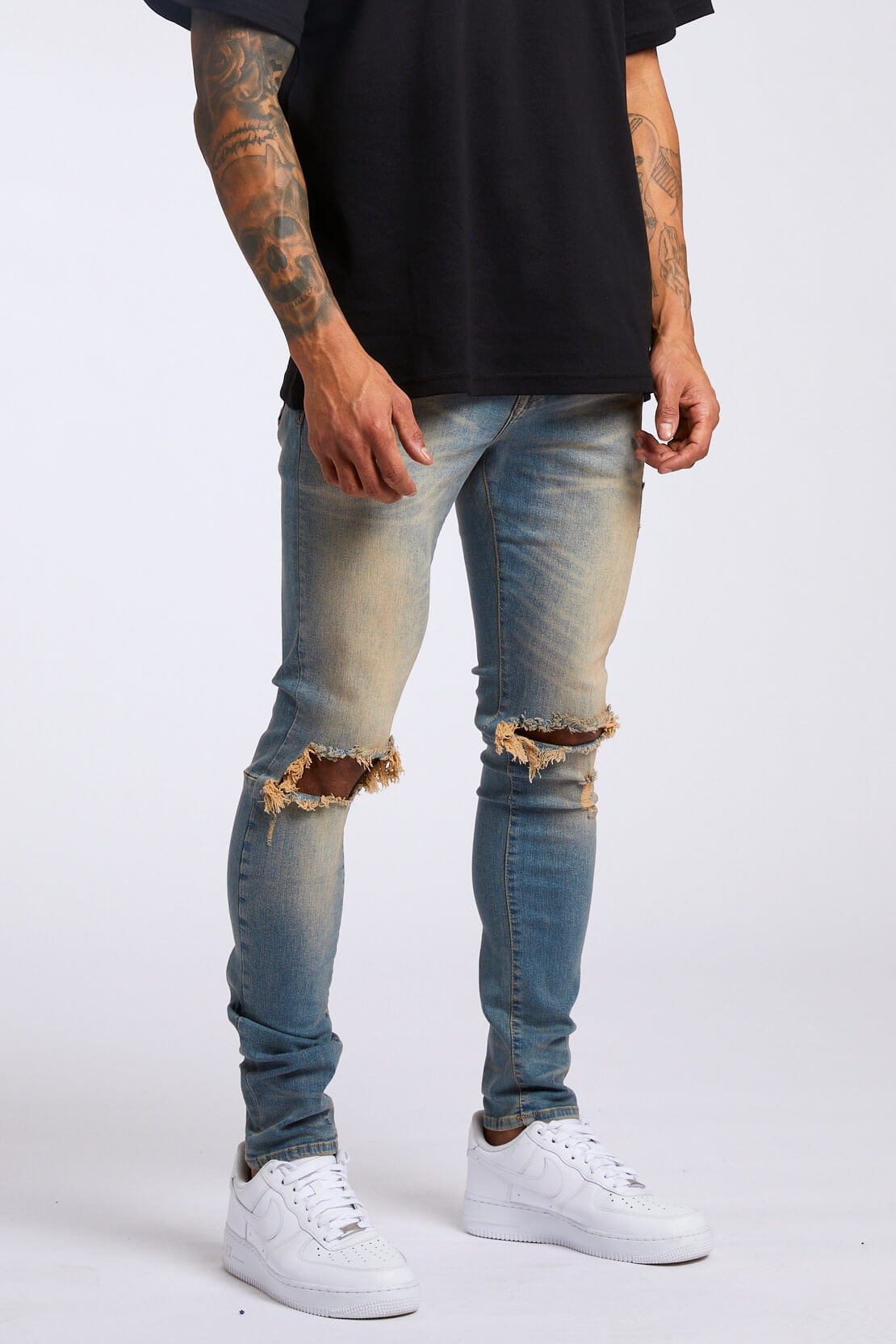 PREMIUM SKINNY FIT JEANS - STONE WASH DESTROYED KNEE