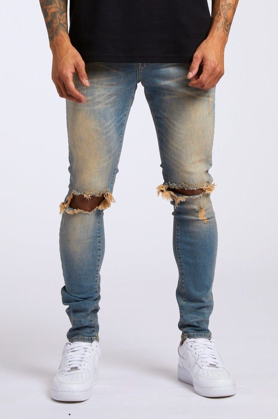 PREMIUM SKINNY FIT JEANS - STONE WASH DESTROYED KNEE