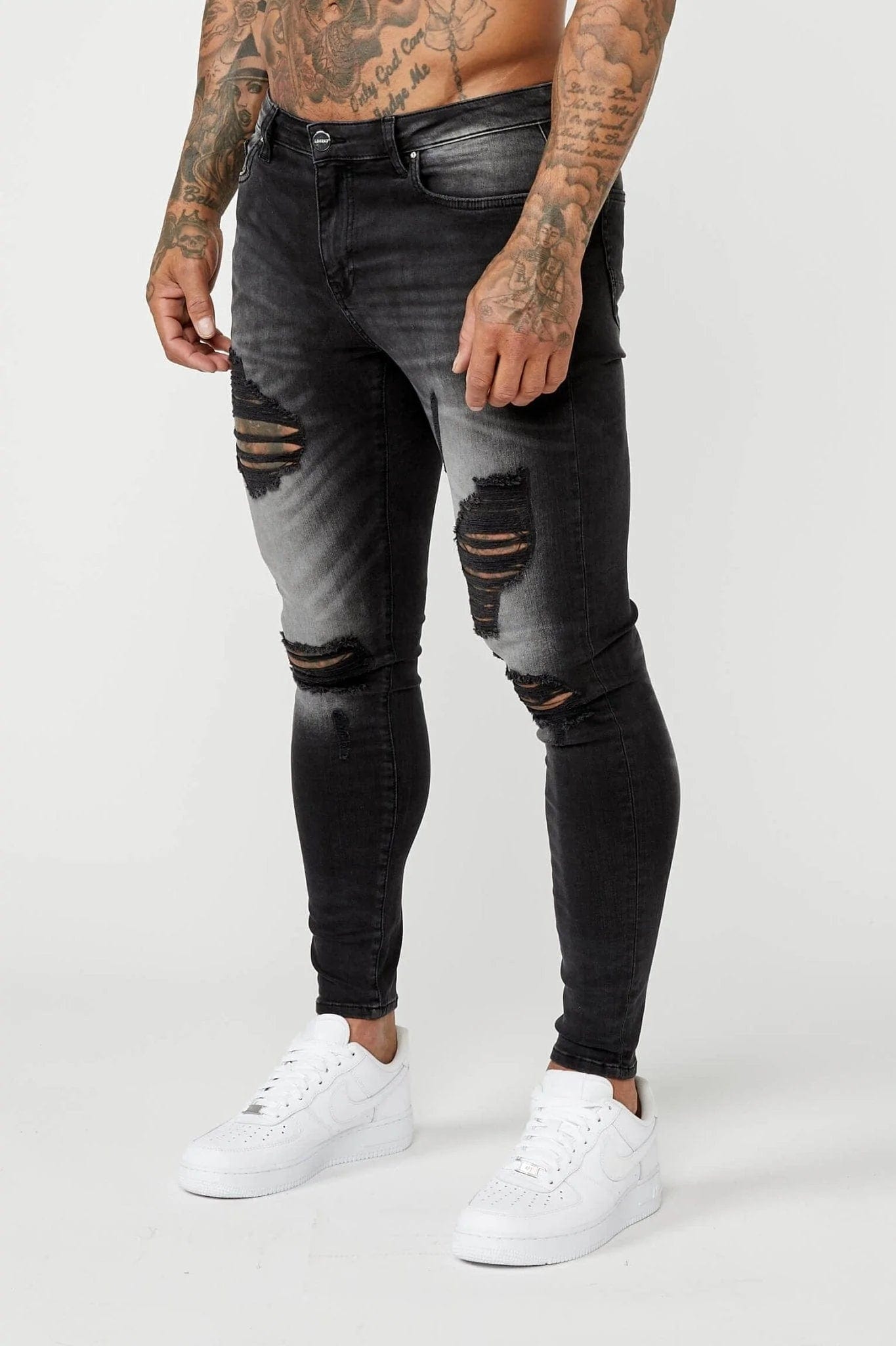 PREMIUM SPRAY-ON FIT JEANS - GREY WASHED RIPPED & REPAIRED