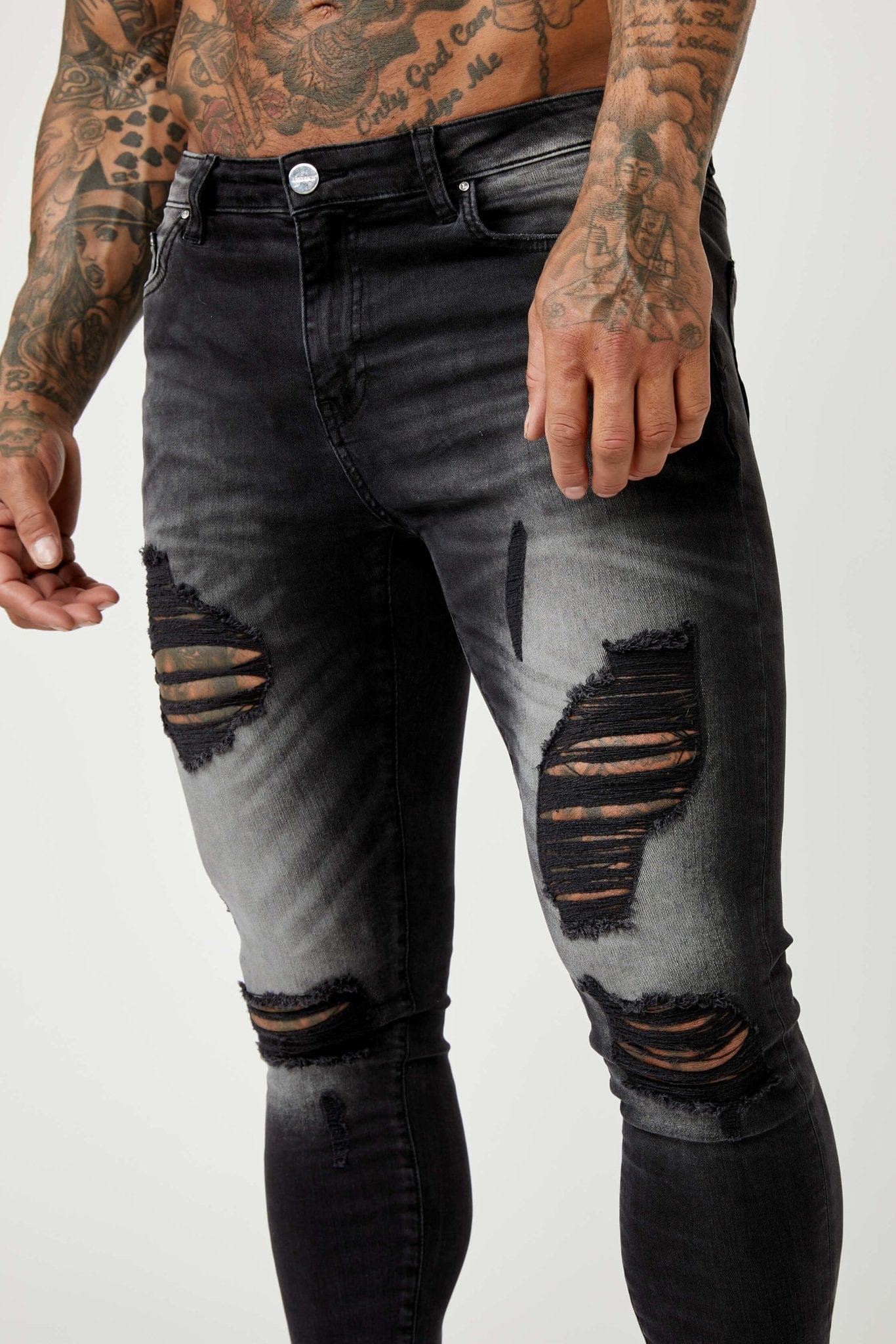 PREMIUM SPRAY-ON FIT JEANS - GREY WASHED RIPPED & REPAIRED