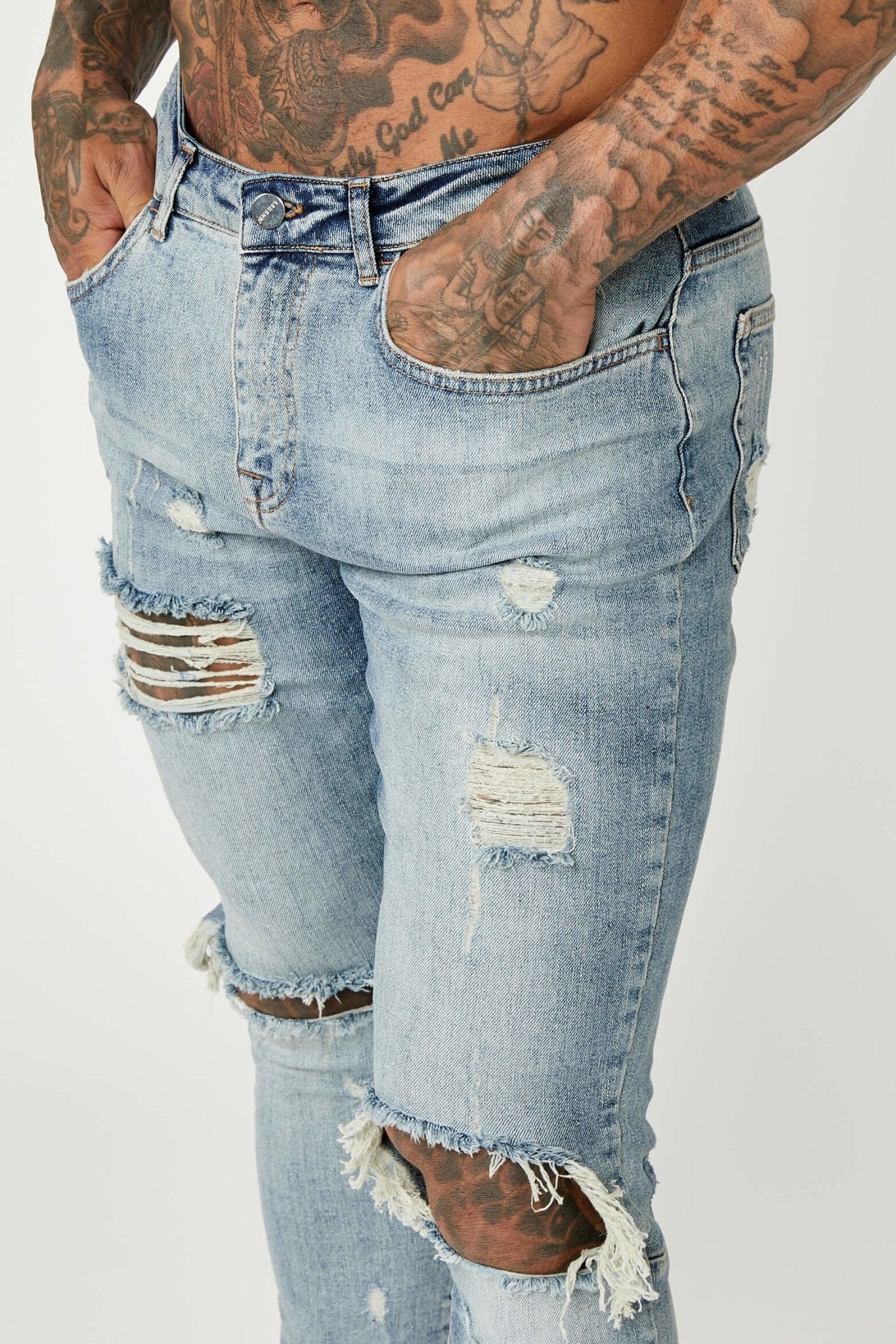 SKINNY FIT JEANS - MID BLUE RIPPED & REPAIRED