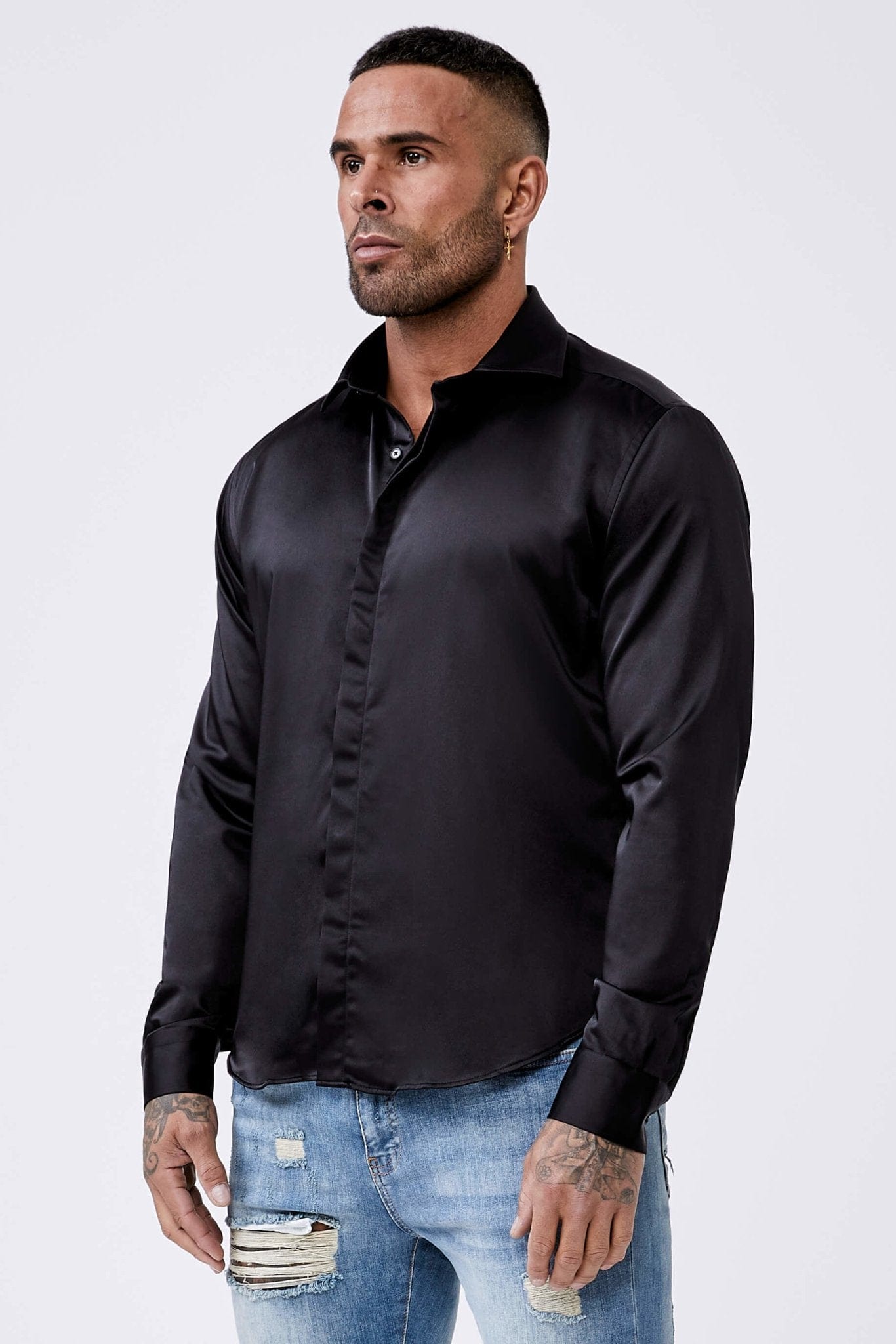 LONG SLEEVE SATIN SHIRT - BLACK