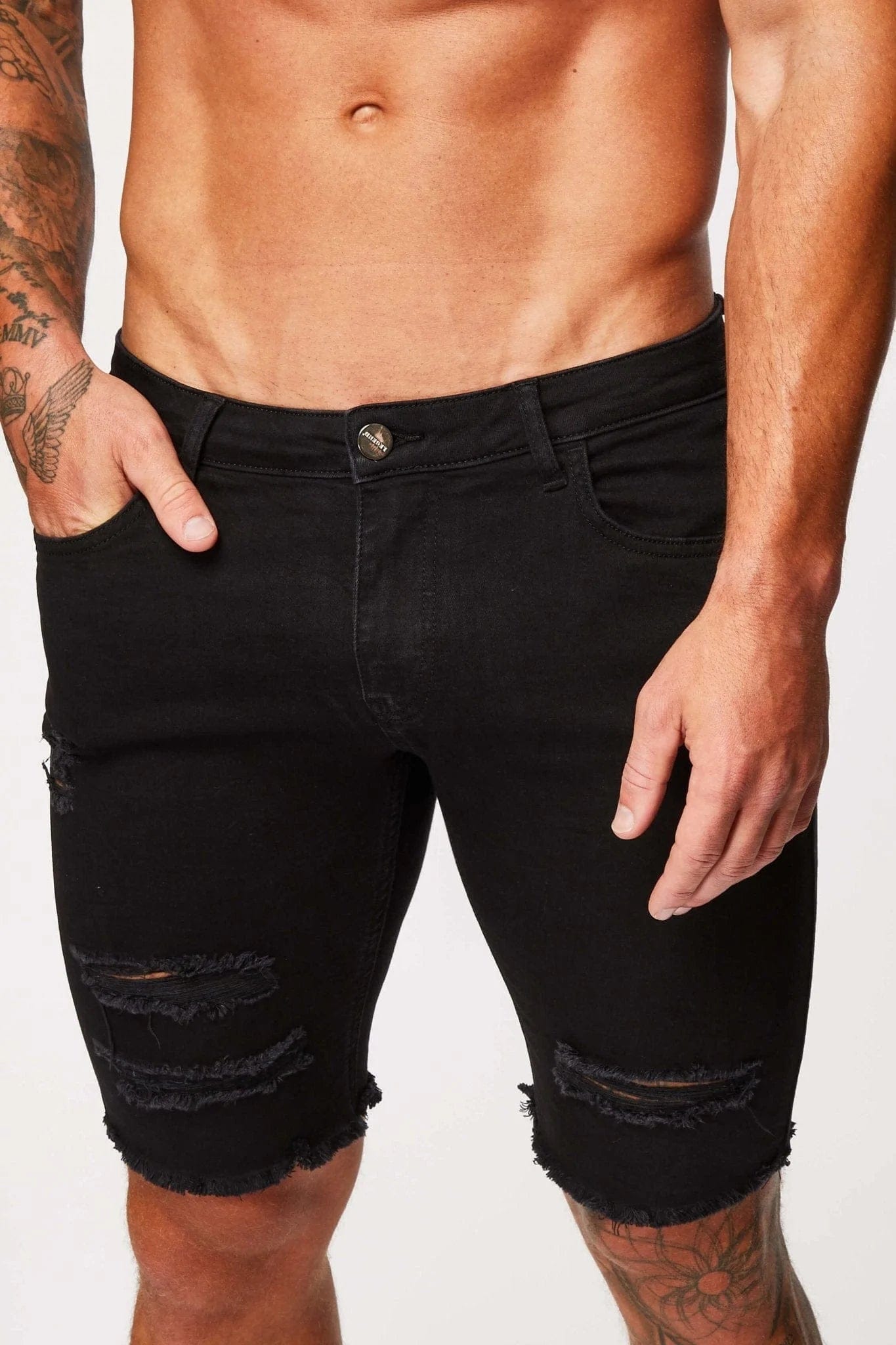 Black Denim Shorts - Ripped & Repaired – Legend London