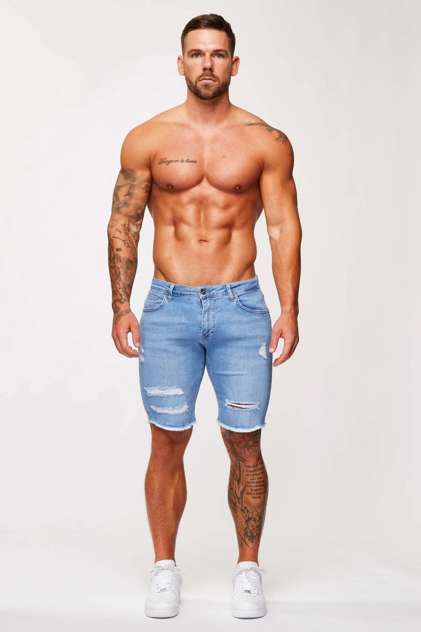 LIGHT BLUE DENIM SHORTS - RIPPED & REPAIRED