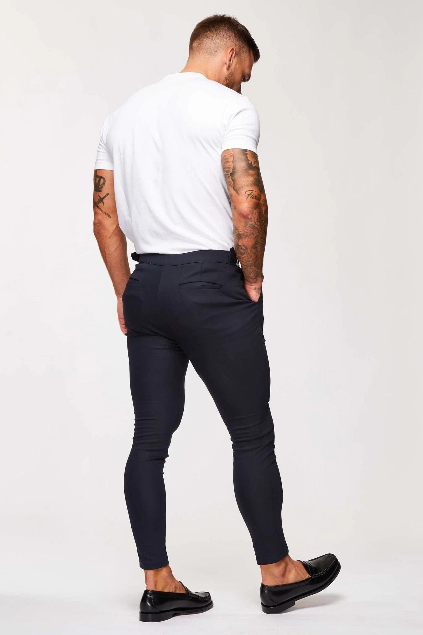 PLAIN STRETCH TROUSER W/SIDE CINCH - NAVY