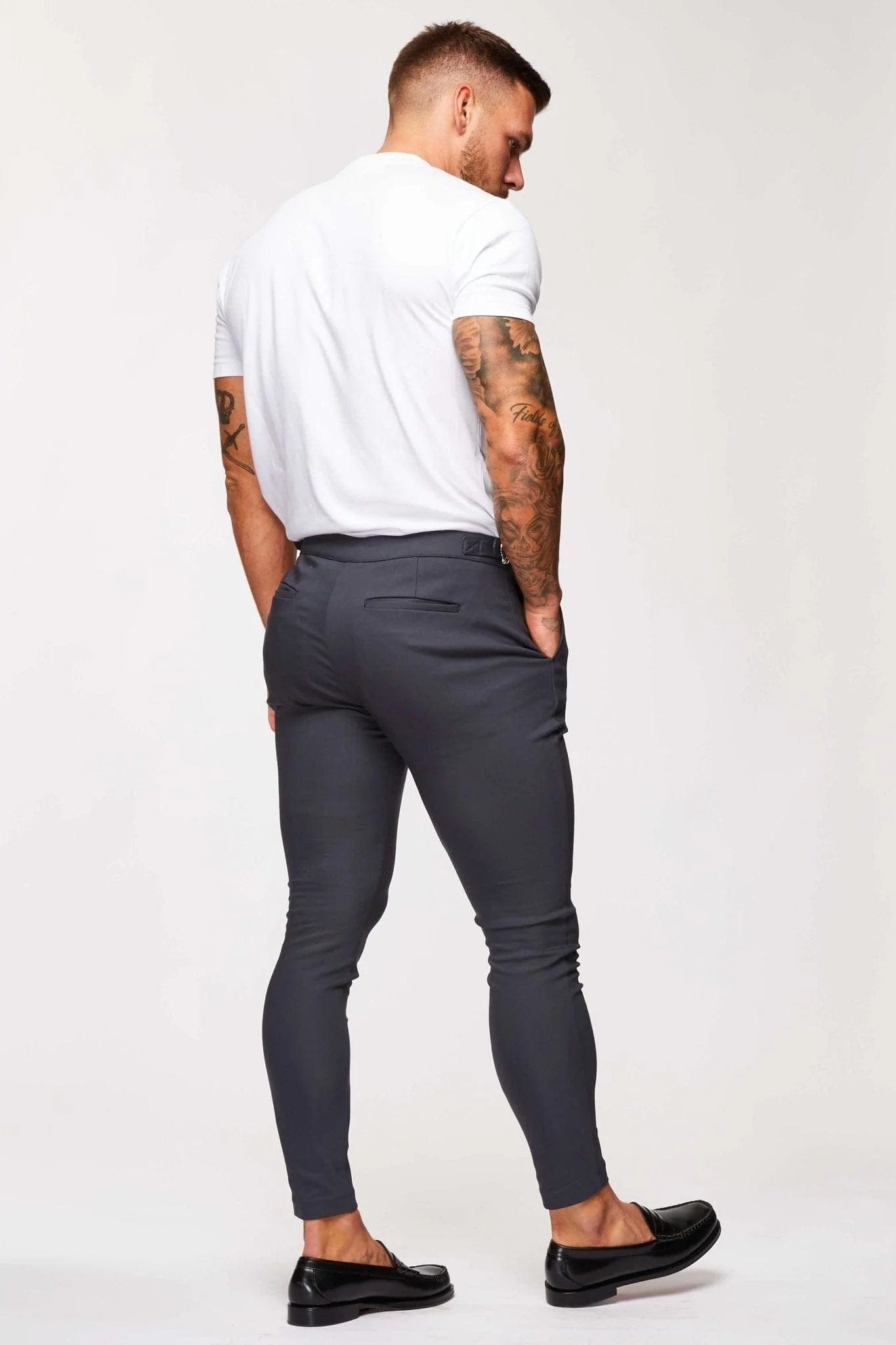 PLAIN STRETCH TROUSER W/ SIDE CINCH - GREY