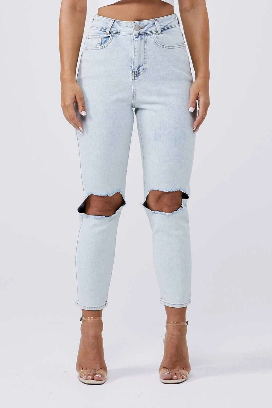 MOM JEANS KNEE RIPPED - BLEACH WASH – Legend London