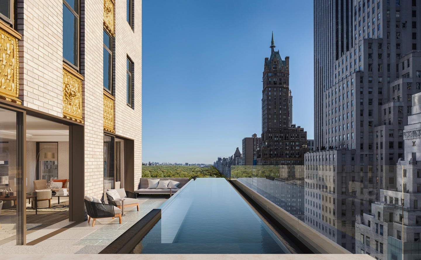 View of New York City from room Aman Hotel New York which is flanked by a pool.