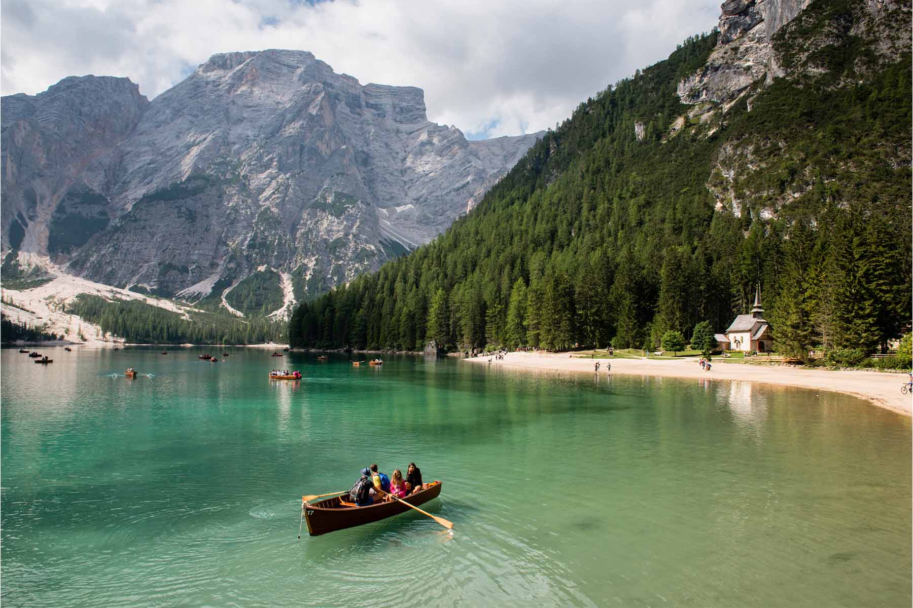 View of a lake in the italian dolomites.