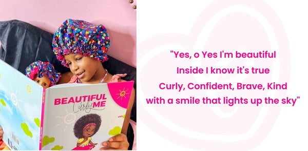 Beautiful Curly Me book with girl reading powerful affirmations