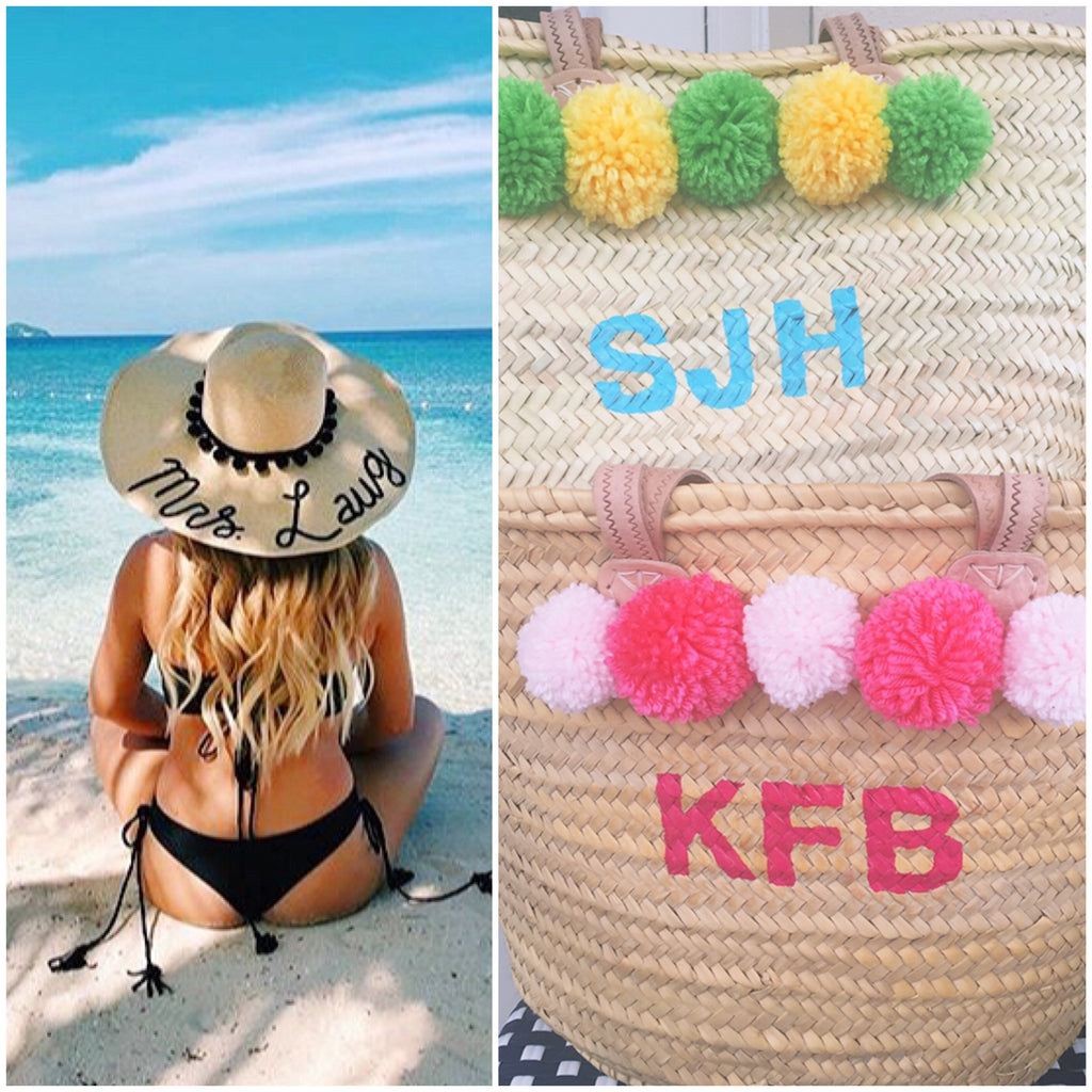 straw beach tote with pom poms