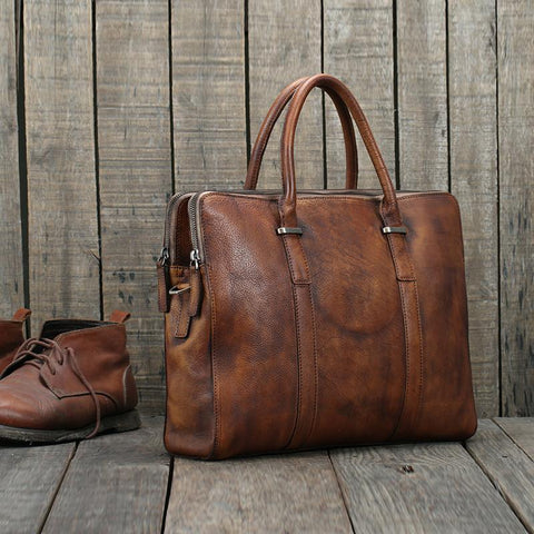 Handmade Vintage Brown Leather Briefcase Men's Business Bag Handbag Fashion Laptop Bag 14119