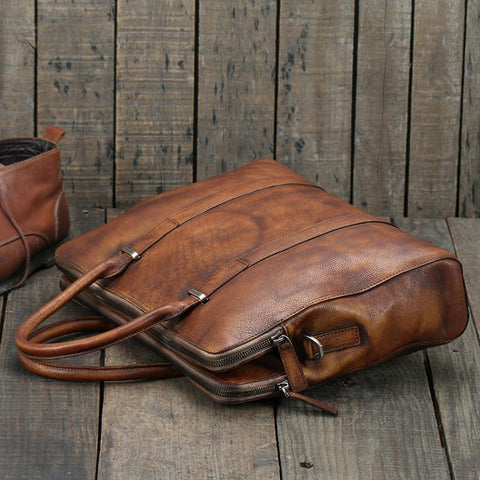 Handmade Vintage Brown Leather Briefcase Men's Business Bag Handbag Fashion Laptop Bag 14119