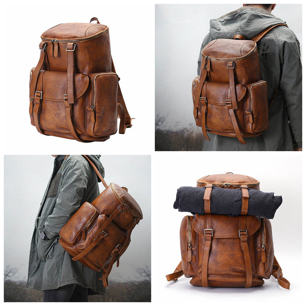 Personalized Leather Backpack Men Travel Backpack Hiking Rucksack Unis ...