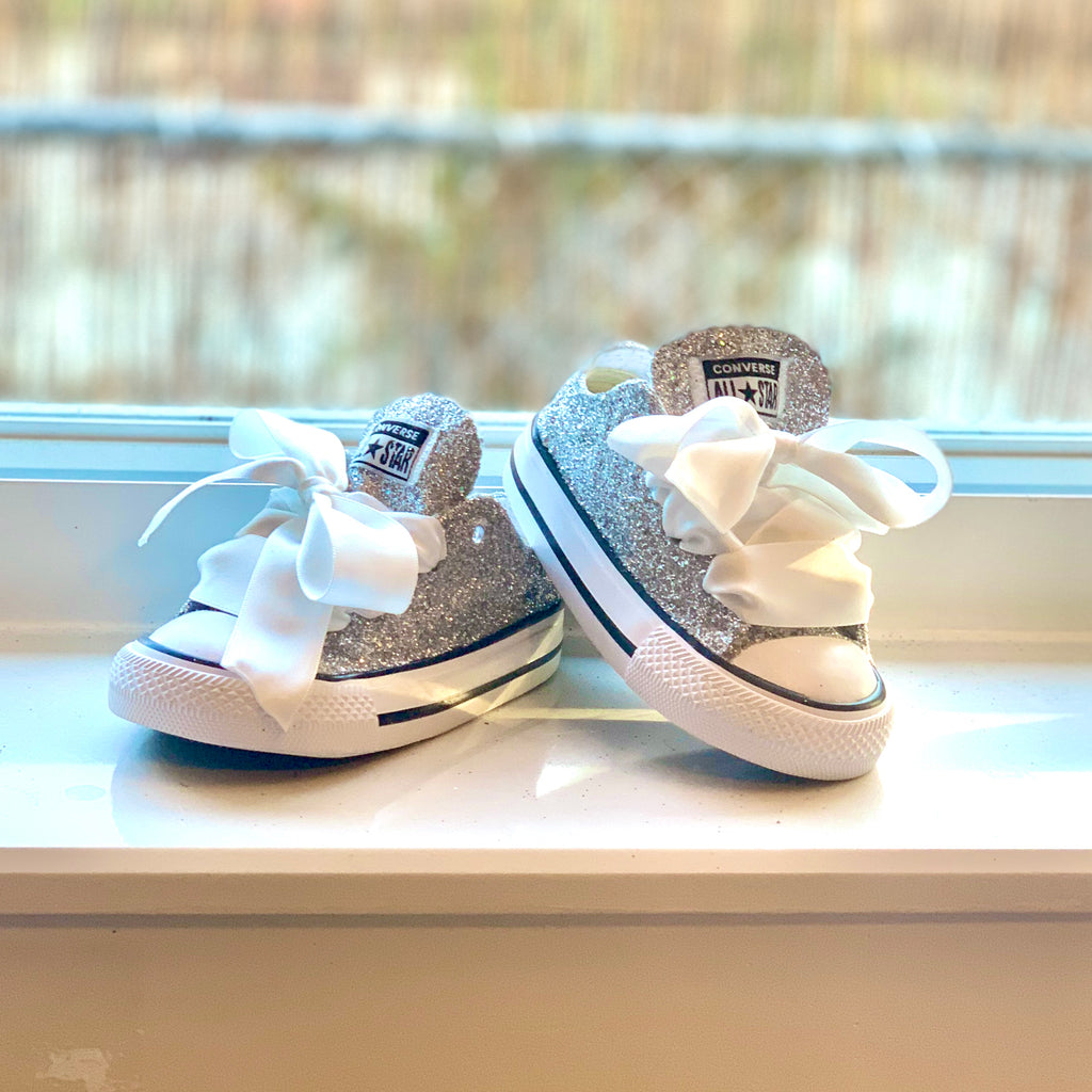 Kids Glitter Converse All Stars Silver Crystals Flower Girls Shoes – Shoe Co