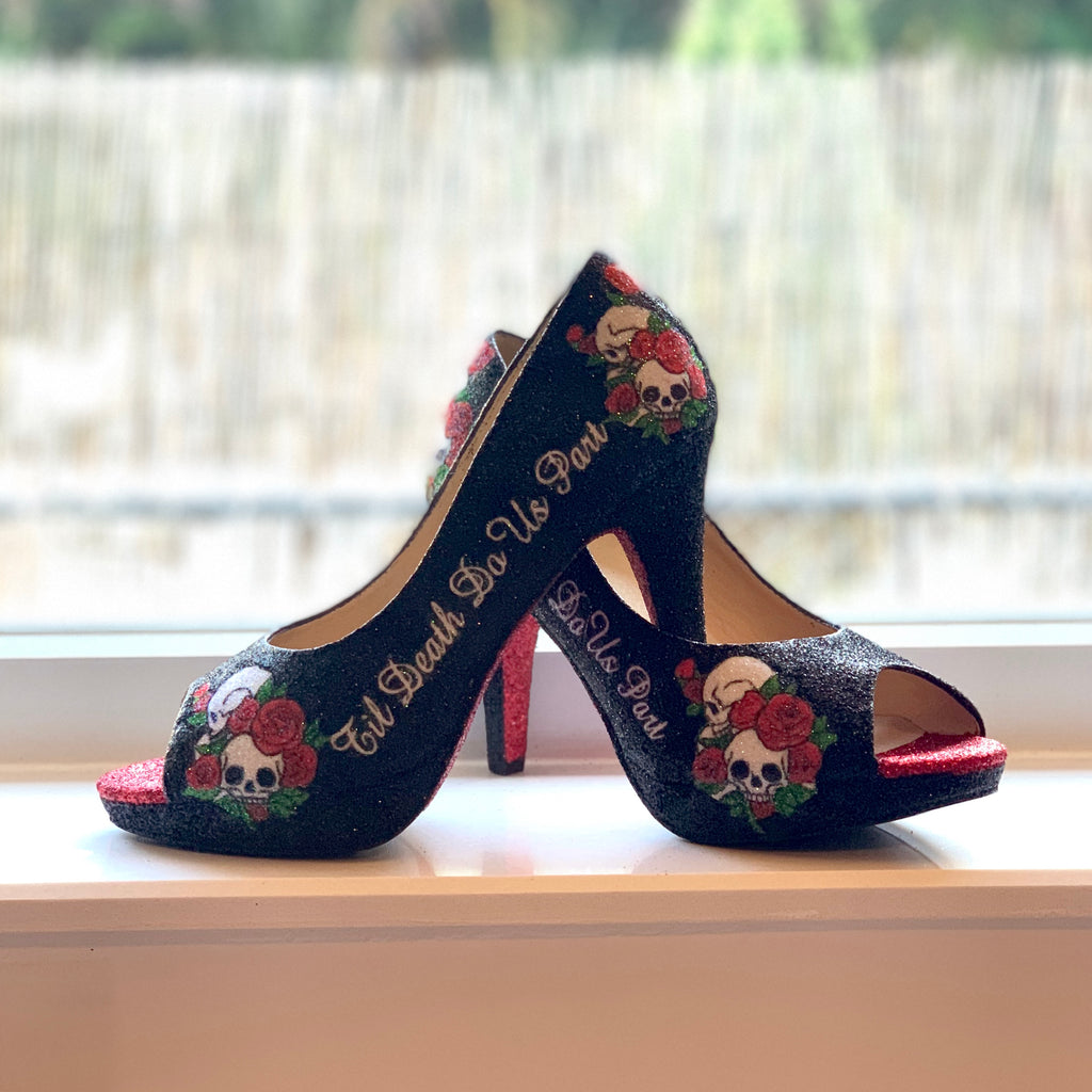 black heels with red roses