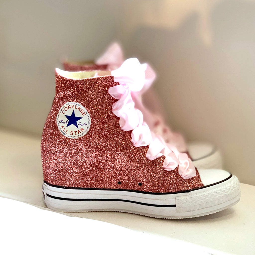 Converse Trainers Chucks Lux pink Rose Gold Wedge Wedding bride shoes - Glitter Shoe Co