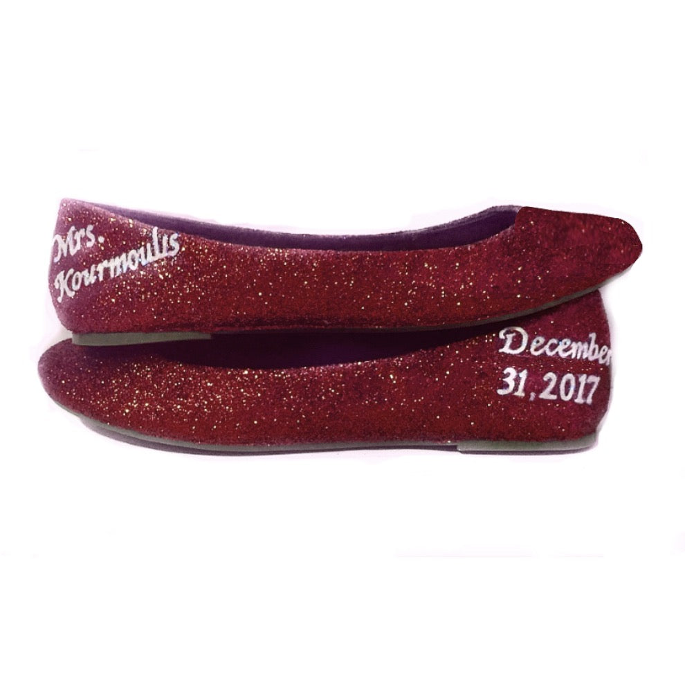 red glitter flat shoes