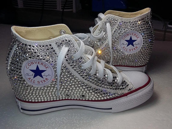 White Converse All Star WEDGE Heels Bling Crystals Bride Wedding Shoes
