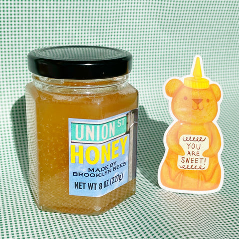 Jar of honey and honey bear sticker