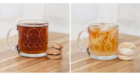 clear mugs with cherry and lemon designs by tiny deer studio