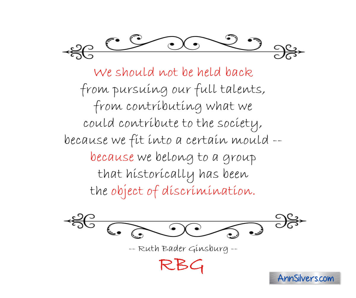 We should not be held back because discrimination. RBG Ruth Bader Ginsburg quote graphic