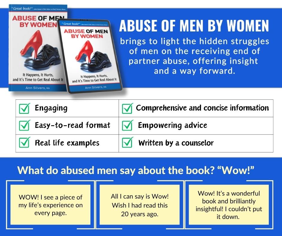 Image showcasing the book cover of 'Abuse of Men by Women' featuring a red high heel on a black shoe. Highlights include engaging, easy-to-read content with real-life examples and empowering advice.