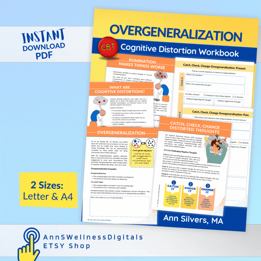Overgeneralization CBT Cognitive Distortion Workbook, downloadable pdf, Print, Digital Fillable