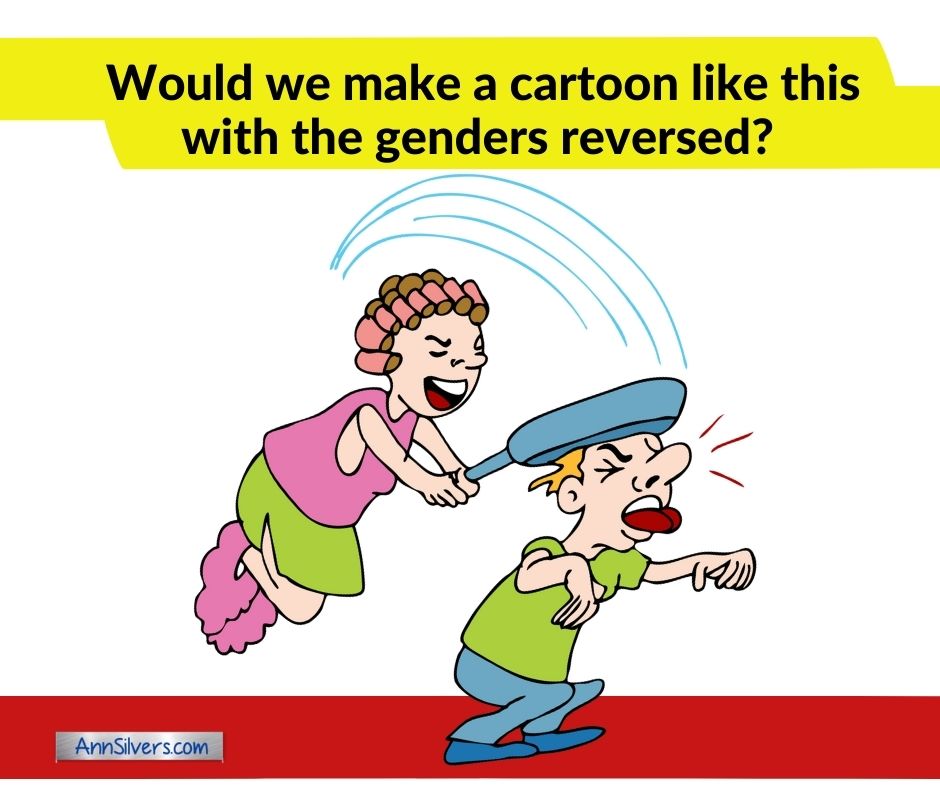 cartoon of woman hitting a man with a frying pan, abusive wife, abused husband