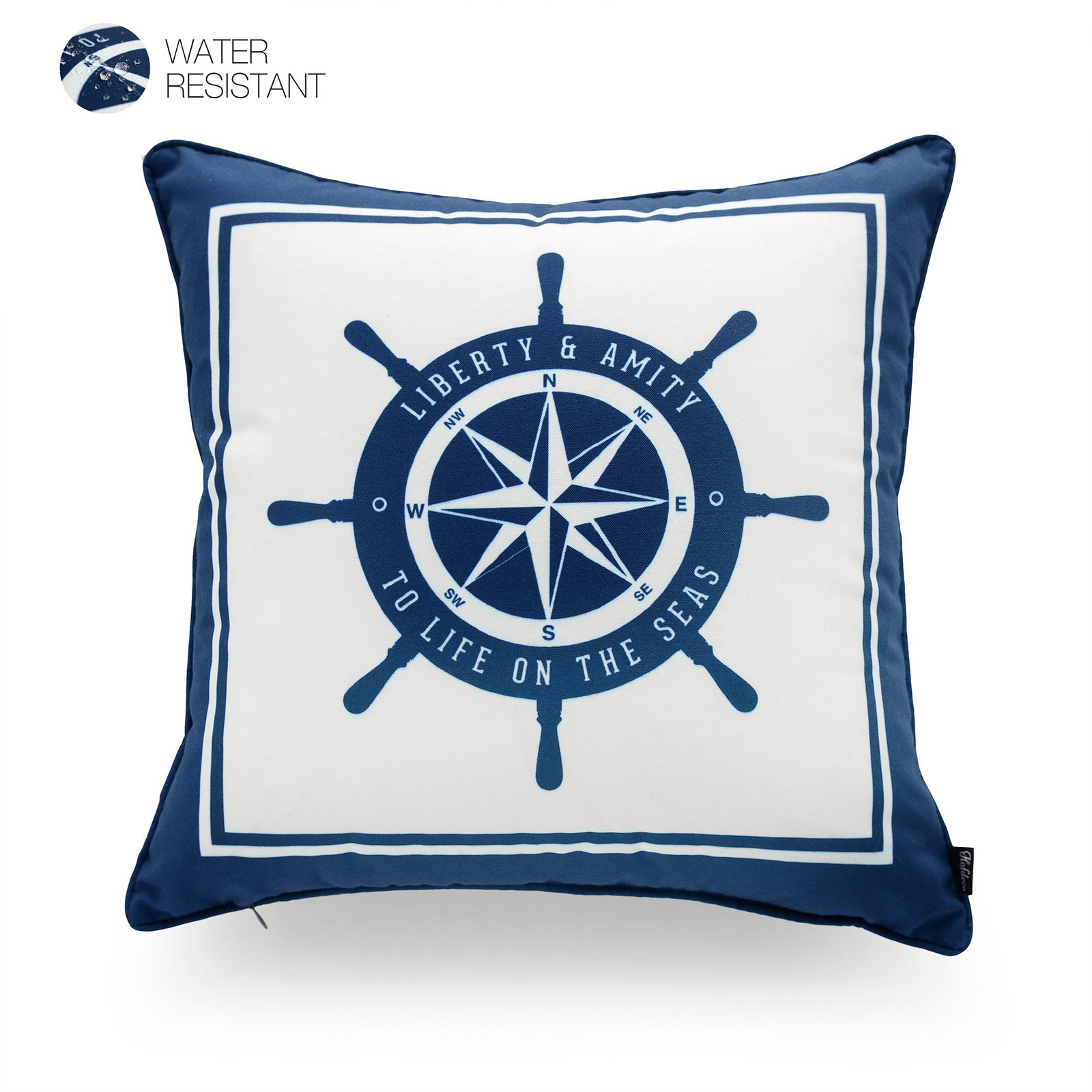 Nautical Outdoor Pillow Cover, Ship Wheel, Navy Blue, 18"x18"