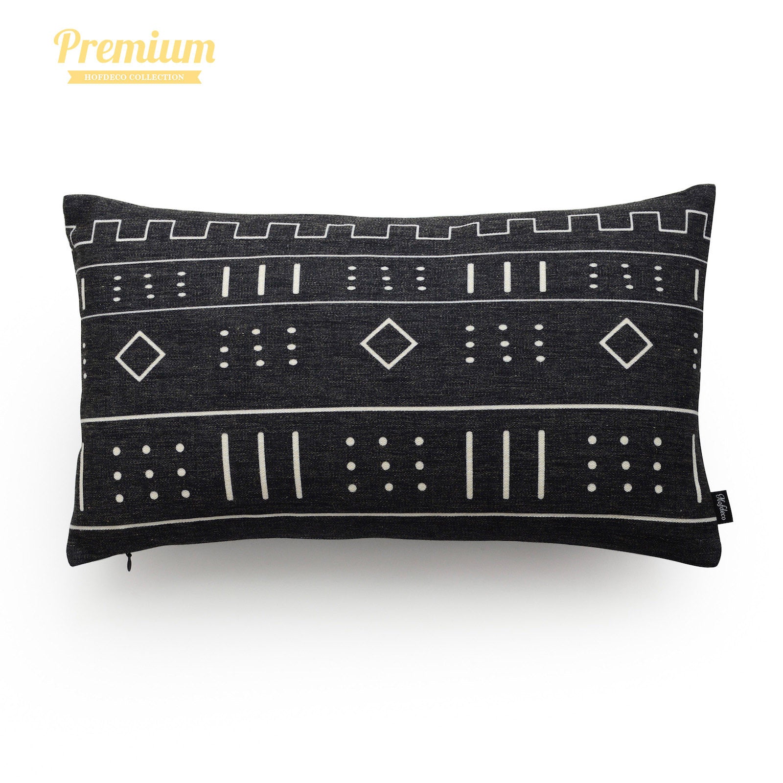 African Mud Cloth Lumbar Pillow Cover, Dots And Dashes, Black, Double Sided, 12"x20"