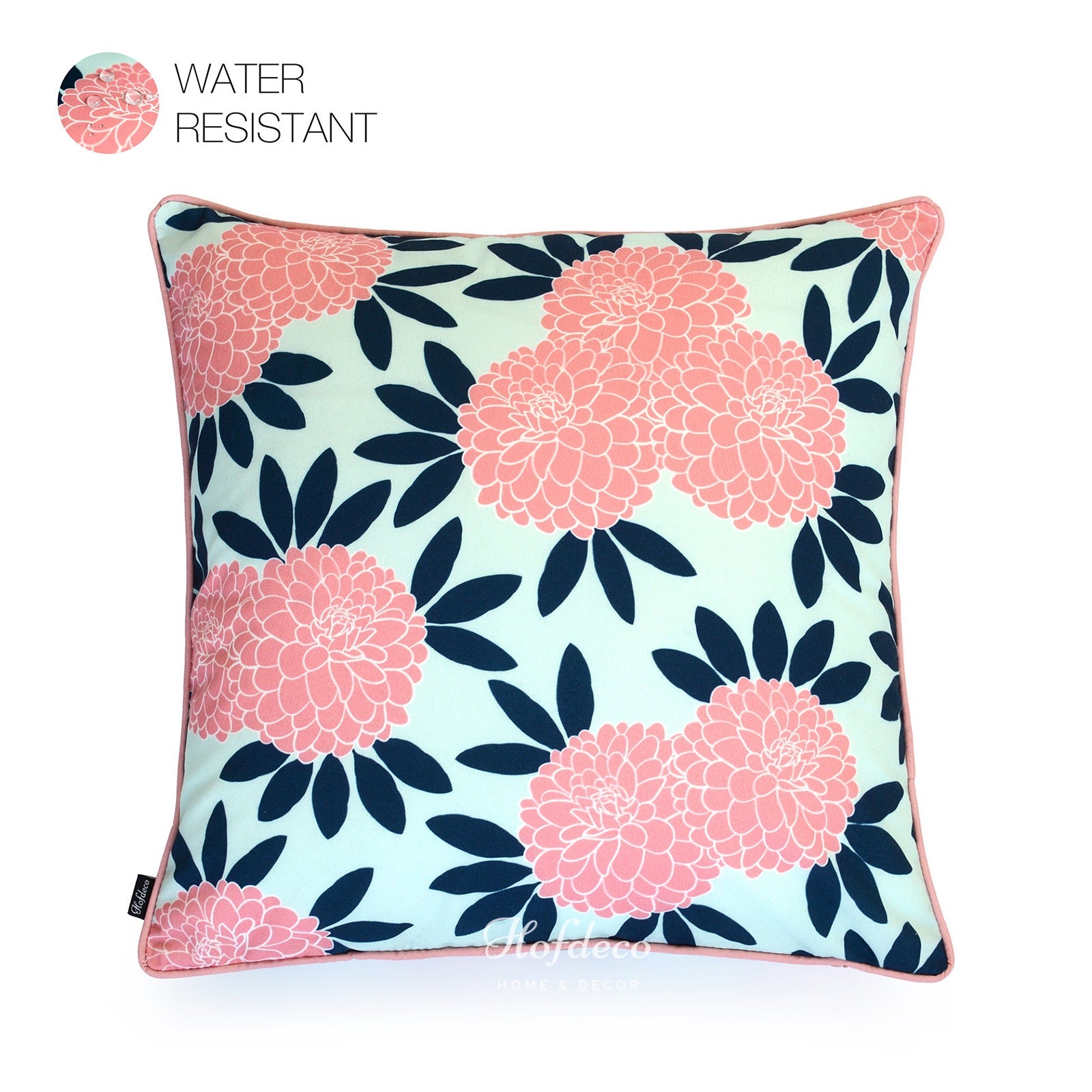 Chinoiserie Floral Outdoor Pillow Cover, Navy Pink, 18"x18"