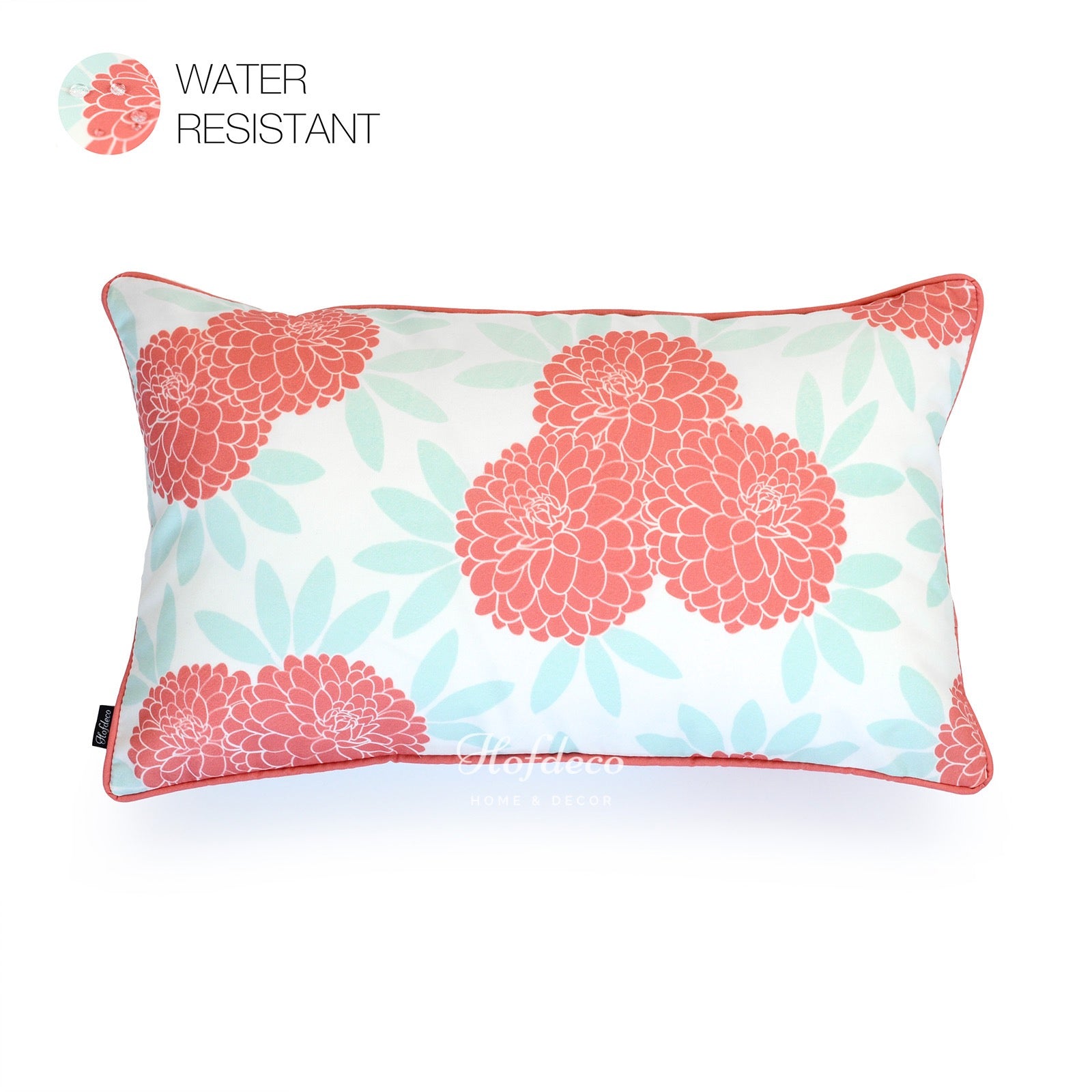 Chinoiserie Floral Outdoor Lumbar Pillow Cover, Aqua Pink, 12"x20"