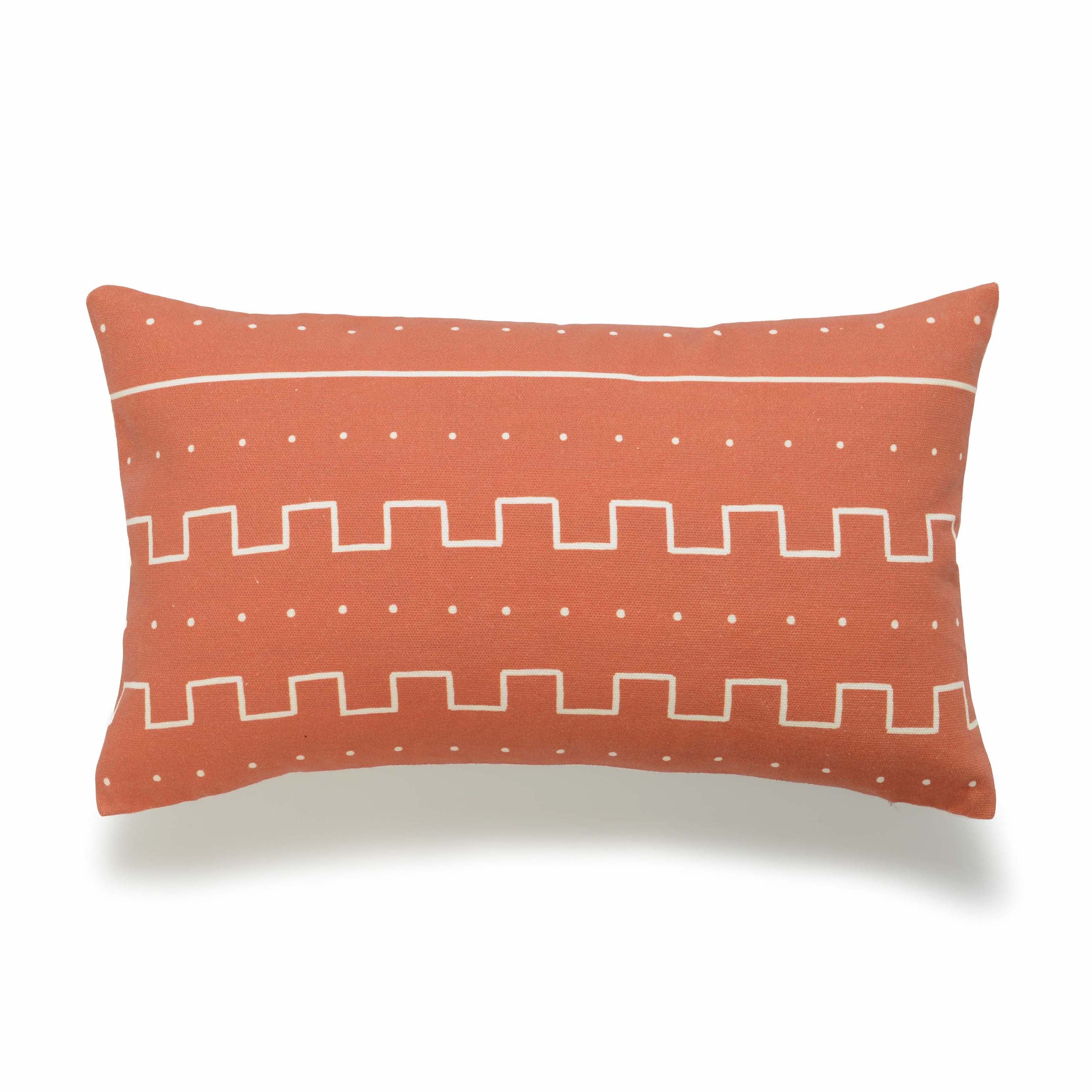 Rust Mud Cloth Lumbar Pillow Cover, Dots And Stripes, 12"x20"